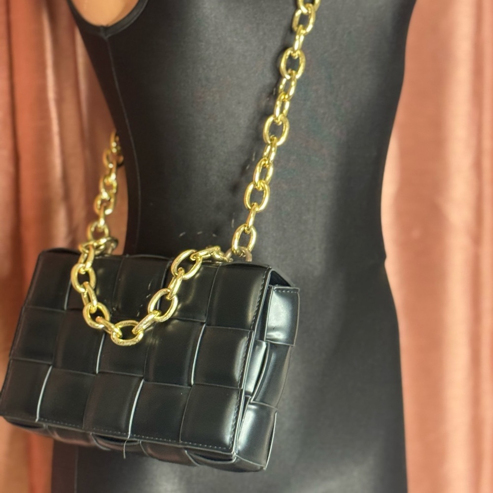 Black Woven Leather Shoulder Bag with Gold Chain